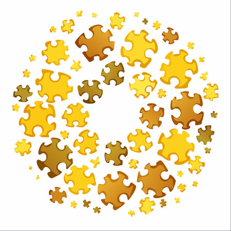 A dynamic swirl of golden and yellow abstract puzzle pieces comes together, forming a circular frame.のイラスト素材