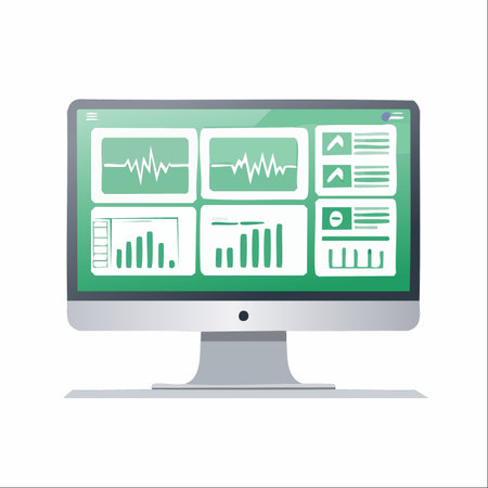 A modern computer monitor displays a dynamic dashboard with real-time data analytics.のイラスト素材