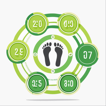 A modern, circular interface displays data points and metrics around a central footprint icon.のイラスト素材
