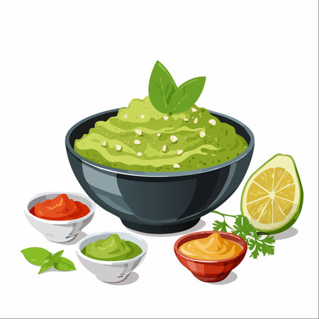 A vibrant and delicious spread of freshly prepared guacamole takes center stage, accompanied by a trio of colorful dipping sauces.のイラスト素材
