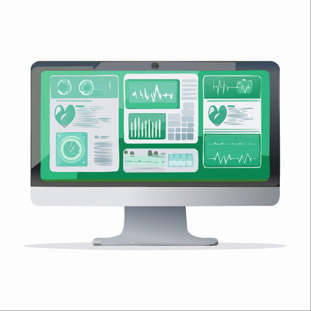 A modern desktop computer displays a sophisticated medical dashboard, tracking a patient's vital signs in real-time.のイラスト素材