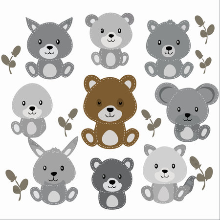 A charming collection of handcrafted-style woodland friends, each with a gentle smile and cute stitched details.のイラスト素材