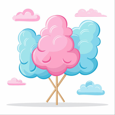 A delightful trio of fluffy pink and blue cotton candy stands like sweet, edible trees against a clean white background.のイラスト素材
