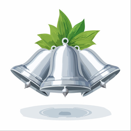 A trio of gleaming silver bells, adorned with fresh green leaves, rings in a moment of pure celebration.のイラスト素材