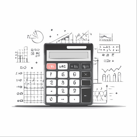 A calculator sits at the center of a brainstorming session, surrounded by hand-drawn charts and graphs.のイラスト素材