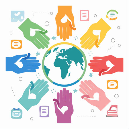 An illustration symbolizing global unity and humanitarian aid, where colorful, diverse hands with heart symbols encircle planet Earth.のイラスト素材
