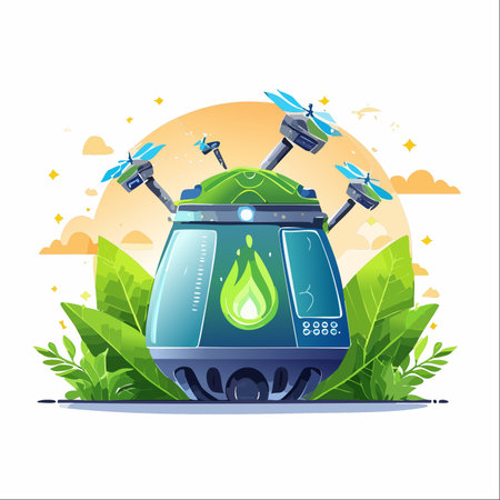 A futuristic eco-drone, powered by a clean, green energy source, hovers amidst lush foliage.のイラスト素材