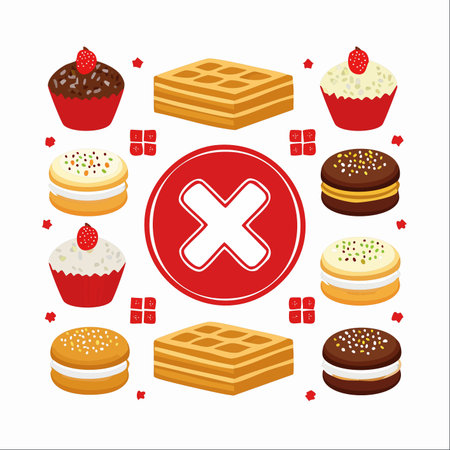 A bold red prohibition sign takes center stage, surrounded by tempting but unhealthy sweets like cupcakes, waffles, and cookies.のイラスト素材