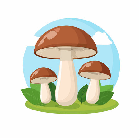 A charming vector illustration depicting a family of three boletus mushrooms nestled in a patch of vibrant green grass.のイラスト素材