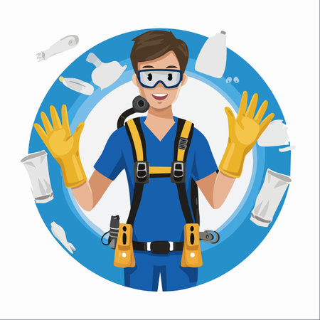 A cheerful volunteer scuba diver, equipped for an underwater mission, smiles as he works to clean up plastic waste polluting the ocean.のイラスト素材