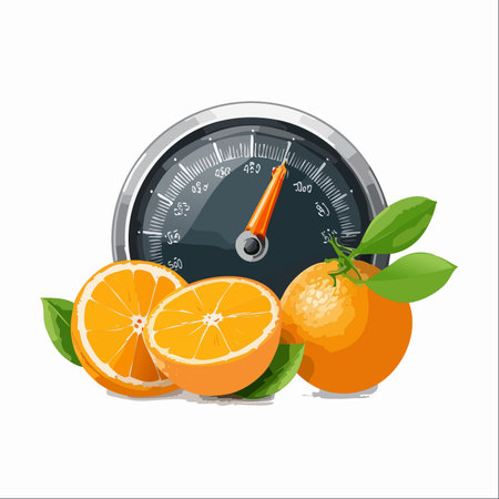 Illustrating the concept of natural energy and peak performance, this image shows vibrant oranges as the fuel source powering a speedometer.のイラスト素材