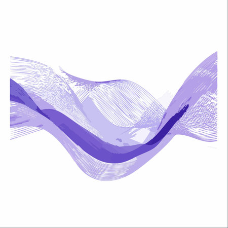 An elegant digital waveform in shades of violet and lavender sweeps across a clean white background.のイラスト素材