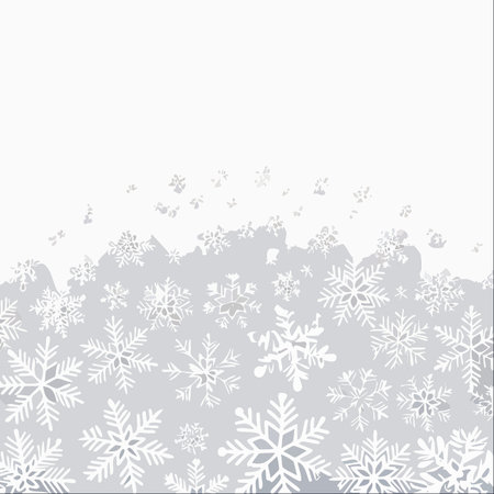 A delicate flurry of intricate white snowflakes settles against a soft gray backdrop, creating a serene and frosty winter scene.のイラスト素材