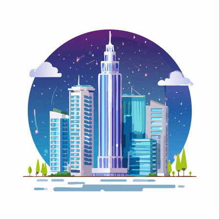 A vibrant metropolis comes to life under a magical, star-filled night sky.のイラスト素材