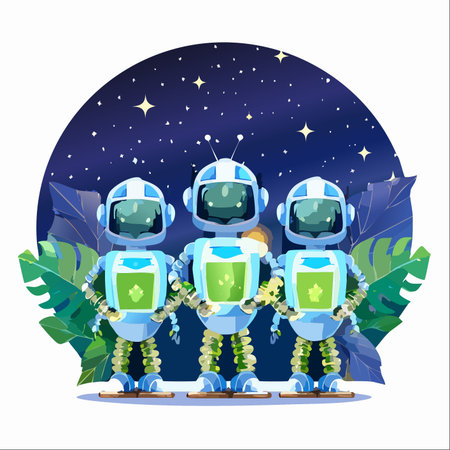 A team of three friendly cartoon androids stands united under a starry cosmos, framed by exotic...