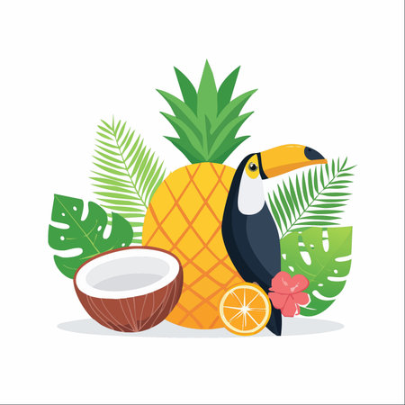An exotic toucan perches amidst a vibrant arrangement of fresh tropical fruits, including a juicy pineapple, a creamy coconut, and a zesty orange slice.のイラスト素材