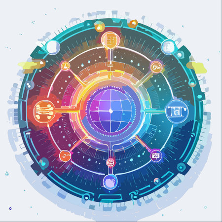 A vibrant and complex illustration of a futuristic global network.