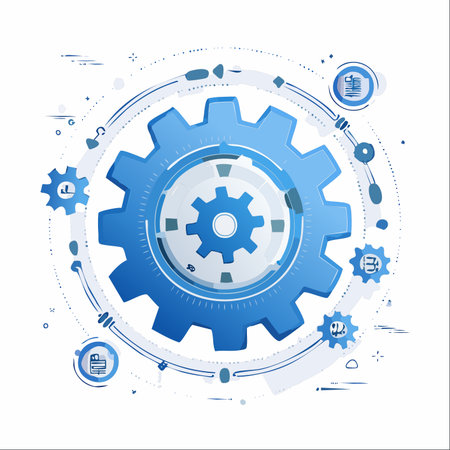 A central gear drives a complex digital mechanism, symbolizing the core of technological innovation and automated workflow.のイラスト素材