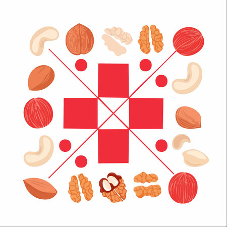 A creative vector illustration showcasing a variety of healthy nuts like walnuts, cashews, and almonds.のイラスト素材
