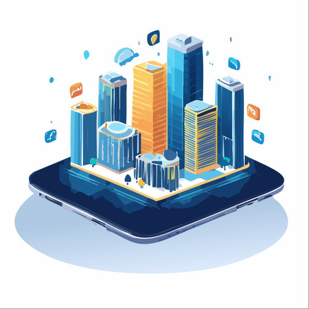 A miniature digital metropolis with modern skyscrapers emerges from a smartphone screen, illustrating concepts of augmented reality, smart city technology, and the future of urban innovation.のイラスト素材