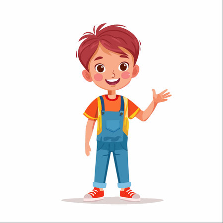 A cheerful and friendly little boy with bright red hair stands with a happy smile. Dressed in cute blue overalls and an orange shirt, he raises his hand in a welcoming wave.のイラスト素材