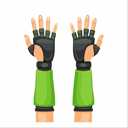 A pair of hands equipped for a digital frontier. Clad in high-tech green and black gloves and bracers, they are ready to interact with virtual worlds.のイラスト素材