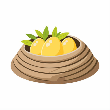 A cozy, woven bird's nest cradles three precious golden eggs, nestled amongst fresh green leaves.のイラスト素材