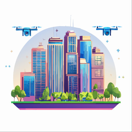 In a gleaming metropolis of the future, autonomous drones navigate the skies above towering skyscrapers, representing the pinnacle of automated logistics and smart city innovation.のイラスト素材