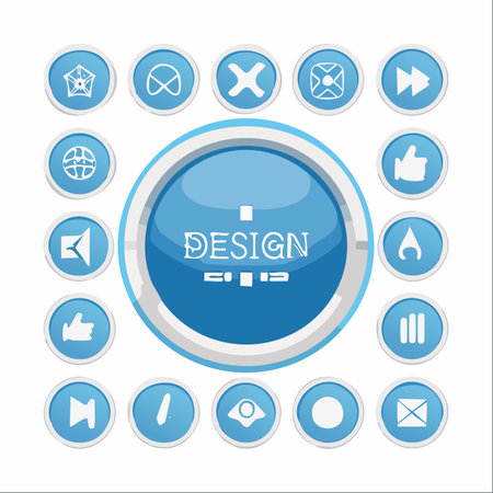 A versatile collection of glossy blue icons and buttons, centered around a prominent 'Design' element.のイラスト素材
