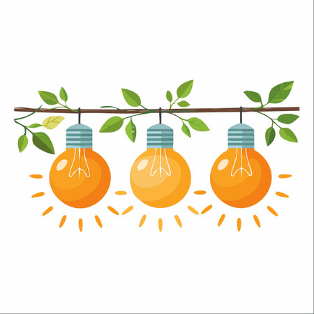 A charming string of warm, glowing light bulbs hangs from a natural branch adorned with fresh green leaves.のイラスト素材