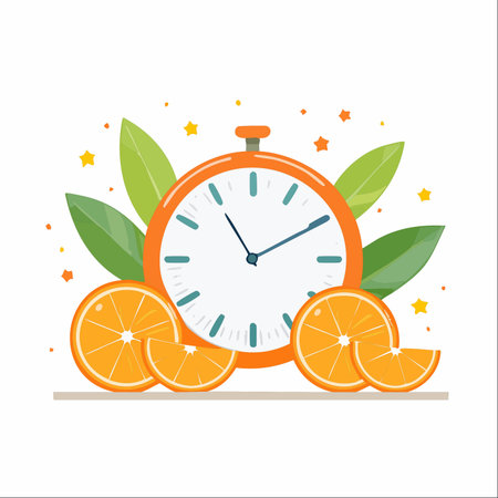 Start your day with a burst of energy and positivity. This vibrant illustration of an orange clock surrounded by fresh citrus slices symbolizes a healthy routine and productive morning.のイラスト素材