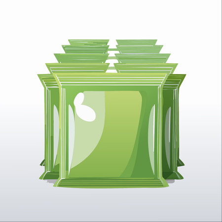 A collection of green, sealed pouches stands ready for distribution. This vector illustration represents modern product packaging, freshness, and organized storage for consumer goods.のイラスト素材