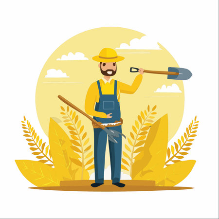 A cheerful farmer stands proudly in his golden field at the peak of the harvest season. With a shovel and hoe in hand, he smiles, ready for a productive day of work under a sunny sky.のイラスト素材