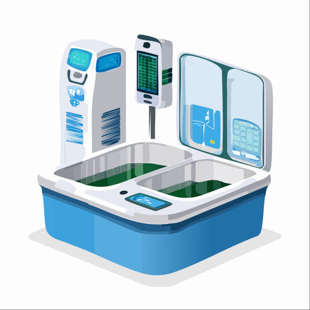 An advanced bioreactor system operates autonomously, cultivating microalgae for sustainable solutions.のイラスト素材
