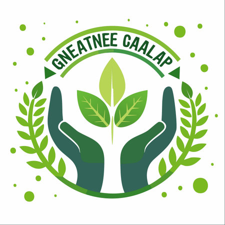 An illustrative logo symbolizing environmental care and sustainability. Two hands gently cup a young plant, representing protection, nurturing, and hope for new growth.のイラスト素材