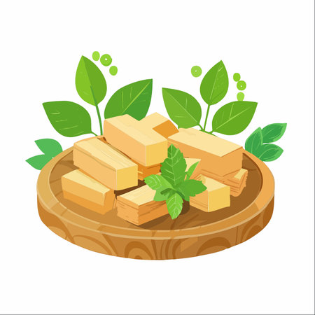 A beautifully arranged serving of fresh tofu blocks rests on a rustic wooden plate.のイラスト素材