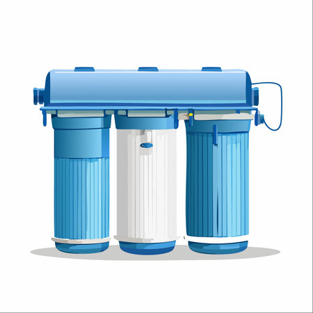 This illustration showcases a modern three-stage water purification system, a symbol of health and technological advancement in the home.のイラスト素材