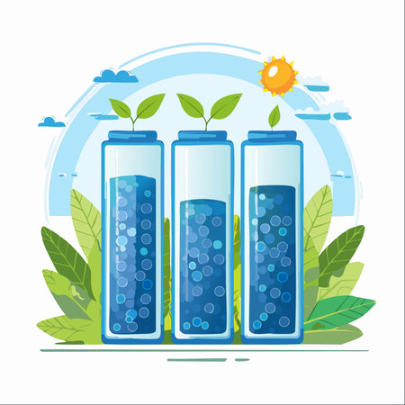 An innovative vector illustration showcasing the concept of green energy. Three batteries, filled with a clean liquid fuel source, power the growth of fresh green sprouts.のイラスト素材