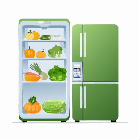 A vibrant green refrigerator, shown both open and closed, is packed with an abundance of fresh, colorful vegetables.のイラスト素材