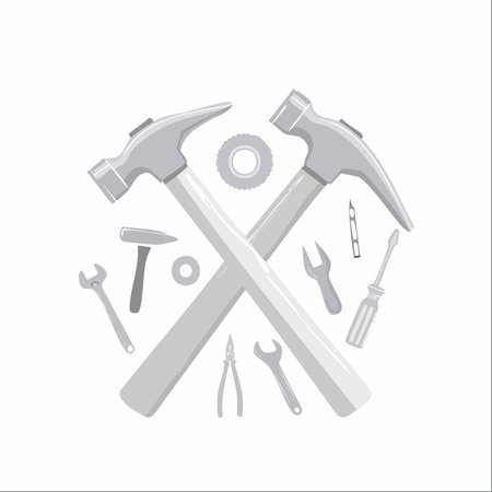 A collection of essential handyman tools, including crossed hammers, wrenches, and a screwdriver, are neatly arranged in a circular emblem.のイラスト素材