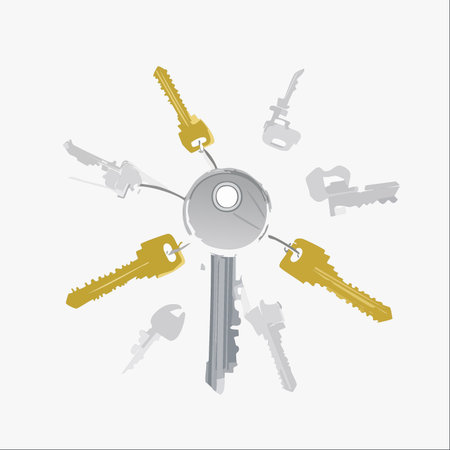 A collection of various keys, both gold and silver, attached to a central ring. This illustration symbolizes the multitude of choices, solutions, and opportunities available.のイラスト素材
