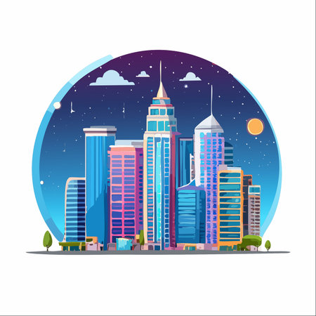 A vibrant illustration of a futuristic metropolis at night. The colorful skyscrapers stand tall under a starry sky with a glowing moon, all framed within a circle.のイラスト素材