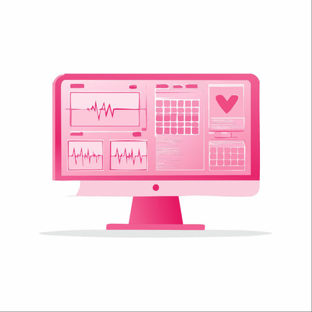 A modern pink computer monitor displays a healthcare dashboard with real-time EKG readings and vital signs.のイラスト素材