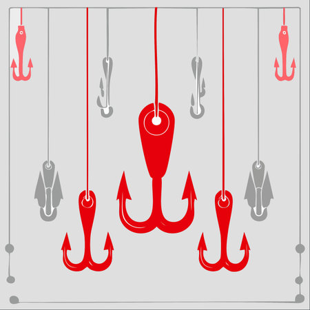 A collection of stylized fishing hooks hangs against a neutral background. Bright red hooks stand out, representing a tempting but dangerous choice, while others fade into the grey.のイラスト素材