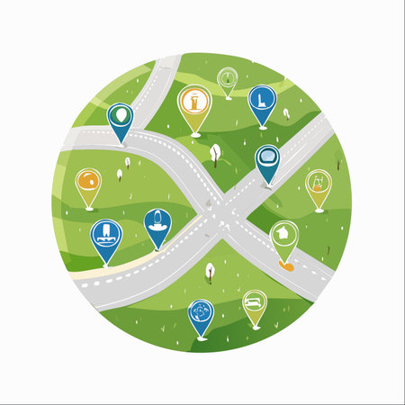 A stylized circular map showing roads and various colorful location pins.のイラスト素材