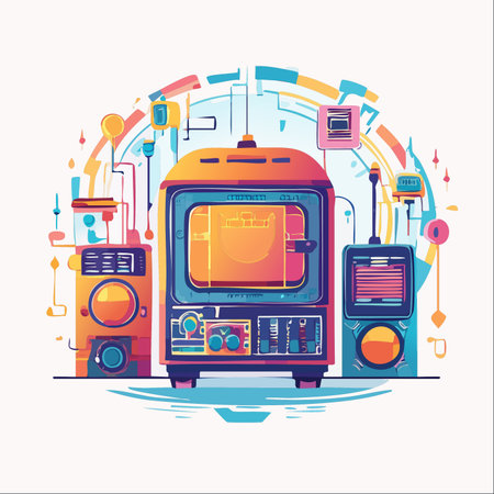 A vibrant and complex machine operates at the heart of a futuristic system.のイラスト素材