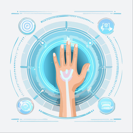 A human hand is scanned by an advanced biometric system, unlocking access to a futuristic digital world.のイラスト素材
