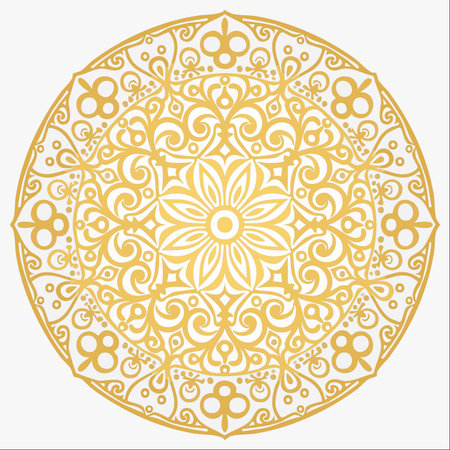 An intricate golden mandala unfolds in perfect symmetry, its delicate filigree and floral patterns creating a sense of peace and spiritual harmony.のイラスト素材