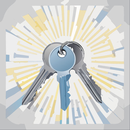 A pair of shiny keys on a ring, set against a radiant, sunburst background.のイラスト素材