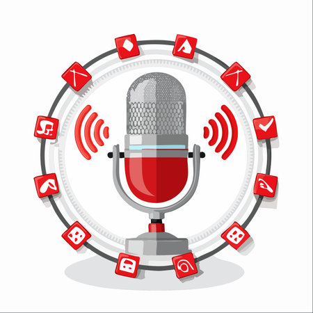 A central microphone symbolizes the power of voice in the digital age, broadcasting sound waves and surrounded by diverse icons.のイラスト素材